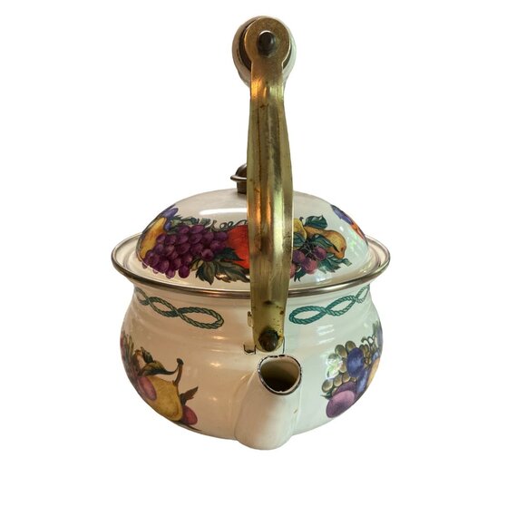 Vintage Cornucopia Fruit Enamel Teapot Ceramic Handle Farmhouse Kitchen Decor - Picture 5 of 6